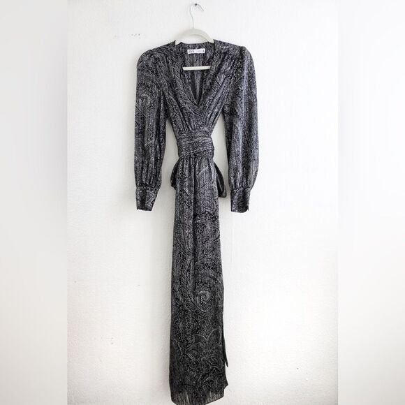 Zara Dresses & Skirts - ZARA Paisley Print Grey/Black Maxi Tie Waste Dress Size S